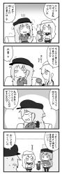 Rule 34 | 3girls, 4koma, anger vein, breasts, closed eyes, comic, facial scar, flat cap, fur hat, gangut (kancolle), gloves, greyscale, hair ornament, hairclip, hammer and sickle, hand fan, hat, hibiki (kancolle), highres, holding, holding fan, kantai collection, long hair, long sleeves, low twintails, monochrome, multiple girls, name tag, one-piece swimsuit, open mouth, papakha, pon (0737), sailor collar, scar, scar on cheek, scar on face, school swimsuit, school uniform, serafuku, shawl, shirt, sitting, skirt, standing, star (symbol), sweat, swimsuit, tashkent (kancolle), thighhighs, translation request, twintails, unworn swimsuit, verniy (kancolle)