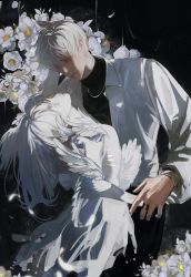 Rule 34 | 1boy, absurdres, angel statue, angel wings, black skirt, flower, highres, jacket, jewelry, light and night love, long sleeves, looking at another, mercy685, necklace, qi sili, ring, short hair, skirt, solo, white flower, white hair, white jacket, wings