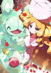 Rule 34 | 1girl, absurdres, blonde hair, blue eyes, blurry, blush, caitlin (pokemon), closed mouth, commentary request, creatures (company), dress, eyelashes, game freak, gen 5 pokemon, hat, highres, long hair, long sleeves, looking at viewer, nintendo, parted bangs, petals, pink dress, pink headwear, pokemon, pokemon (creature), pokemon bw, pon yui, reuniclus, shoes, sidelocks