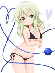 Rule 34 | 1girl, arm under breasts, bare arms, bare shoulders, bikini, black bikini, blush, breasts, commentary request, cowboy shot, green eyes, green hair, groin, hair between eyes, halterneck, hand up, head tilt, heart, heart of string, highres, komeiji koishi, leaning forward, long hair, looking at viewer, medium breasts, navel, no headwear, parted lips, shiny skin, side-tie bikini bottom, sidelocks, simple background, solo, standing, stomach, strap pull, suwa yasai, swimsuit, thighs, third eye, touhou, white background