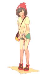 Rule 34 | 1girl, azukilib, bag, beanie, black hair, blush, closed eyes, collarbone, creatures (company), crying, embarrassed, female focus, flat chest, floral print, full body, game freak, green shorts, hat, nintendo, open mouth, peeing, peeing self, poke ball symbol, poke ball theme, pokemon, pokemon sm, puddle, red footwear, red hat, selene (pokemon), shirt, shoes, short hair, short shorts, short sleeves, shorts, simple background, solo, standing, tears, tied shirt, v arms, wet, wet clothes, white background, yellow shirt