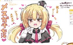 Rule 34 | +++, 1girl, :d, arihara nanami, black capelet, black hat, blonde hair, blush stickers, bow, capelet, commentary request, cursor, garrison cap, gloves, hair between eyes, hair bow, hakutocake, hand up, hat, heart, jitome, long hair, looking at viewer, low twintails, mesugaki, necktie, open mouth, red bow, red eyes, red necktie, riddle joker, simple background, smile, smug, solo, sound effects, translated, twintails, upper body, white background, white gloves