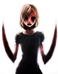 Rule 34 | 1girl, blonde hair, blood, blood on face, blood on hands, bloody tears, breasts, creepy, cry of fear, dress, faster, female focus, hollow eyes, looking at viewer, medium breasts, monster girl, open mouth, short hair, simple background, solo