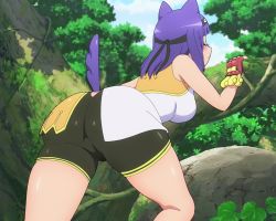 Rule 34 | 1girl, animal ears, anime screenshot, ass, ass focus, bike shorts, black hairband, breasts, closed eyes, dog ears, dog girl, dog tail, fingerless gloves, from behind, futoku no guild, gloves, hairband, highres, hitamu kyan, huge ass, large breasts, medium hair, purple hair, red gloves, screencap, short shorts, shorts, smelling, stitched, tail, thighs, third-party edit, tree