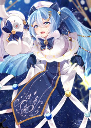 Rule 34 | 1girl, absurdres, bass clef, beret, blue bow, blue dress, blue eyes, blue gloves, blue hair, bow, bowtie, capelet, commentary, dress, feet out of frame, fortissimo, fur-trimmed capelet, fur trim, gloves, gold trim, hair bow, hair ornament, half-closed eyes, hat, hatsune miku, highres, kusunokimizuha, light blue hair, long hair, looking at viewer, musical note, musical note hair ornament, open mouth, rabbit, rabbit yukine, sixteenth note, skirt hold, smile, snowflake print, string of light bulbs, treble clef, twintails, very long hair, vocaloid, white capelet, white dress, white headwear, yuki miku, yuki miku (2021)