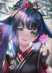 Rule 34 | 1girl, :d, absurdres, animal ears, arknights, black dress, black gloves, blue hair, cat ears, commentary request, dress, fingerless gloves, flower, fuyuumikou, gloves, green eyes, hair flower, hair ornament, hand up, head tilt, highres, holding, holding flower, jessica (arknights), long hair, looking at viewer, official alternate costume, open mouth, partial commentary, pink flower, red flower, red rose, rose, smile, solo, upper body