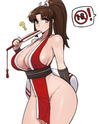 Rule 34 | !, 1girl, ?, arm behind back, bare shoulders, breasts, brown eyes, brown hair, cleavage, closed mouth, collarbone, cowboy shot, curvy, donburi (donburikazoku), fatal fury, groin, hand fan, hand up, high ponytail, highres, holding, holding fan, japanese clothes, large breasts, long hair, looking to the side, no bra, no panties, obi, parted bangs, pelvic curtain, revealing clothes, sash, shiny skin, shiranui mai, simple background, solo, spoken exclamation mark, standing, the king of fighters, thick thighs, thighs, white background, wide hips