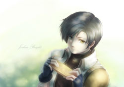 Rule 34 | 1boy, black gloves, black hair, character name, closed mouth, commentary request, eiyuu densetsu, english text, fingerless gloves, gloves, harmonica, highres, holding, instrument, joshua bright, looking at viewer, male focus, shine cheese, short hair, smile, solo, sora no kiseki, upper body, yellow eyes
