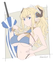 Rule 34 | 1girl, bikini, blonde hair, blue bikini, blue eyes, border, breasts, cleavage, draph, earrings, granblue fantasy, hand on own hip, highres, horns, jewelry, kichihachi, large breasts, long hair, looking at viewer, pointy ears, razia, solo, swimsuit, umbrella, white border, yellow background