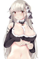 Rule 34 | 1girl, absurdres, azur lane, bare shoulders, between breasts, black nails, black ribbon, breasts, cleavage, crop top, detached collar, formidable (azur lane), grey hair, highres, large breasts, long hair, looking at viewer, nail polish, necktie, necktie between breasts, red eyes, ribbon, simple background, solo, stomach, twintails, two-tone ribbon, upper body, very long hair, white background, white ribbon, yuuhi50