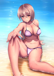 Rule 34 | 1girl, arm support, bad id, bad pixiv id, bare arms, bare legs, bare shoulders, beach, bikini, blurry, blush, breasts, brown hair, cleavage, closed mouth, collarbone, covered erect nipples, depth of field, eyebrows, fingernails, halterneck, hand on own knee, highres, knee up, large breasts, long hair, looking at viewer, navel, on ground, original, outdoors, outstretched arm, partially submerged, purple bikini, red eyes, shade, sitting, smile, solo, stomach, strap gap, string bikini, swimsuit, water, wet, xiaosan ye
