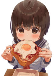 Rule 34 | 1girl, bacon, blue sailor collar, blush, bread slice, brown hair, commentary, eating, egg (food), face, food, food in mouth, fried egg, fried egg on toast, from above, hair between eyes, hands up, highres, holding, long hair, mimikaki (men bow), original, sailor collar, school uniform, serafuku, shirt, short hair, solo, table, toast, white background, white shirt