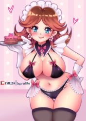Rule 34 | 1girl, alternate costume, artist name, bikini, black thighhighs, blue eyes, blush, bow, bow bikini, bow choker, breasts, brown hair, cake, chocolate cake, choker, cleavage, closed mouth, detached collar, earrings, enmaided, eyelashes, flipped hair, floor, flower earrings, food, gloves, hand on own hip, hand up, heart, heart in eye, holding, holding plate, indoors, jewelry, large breasts, leaning forward, licking, licking lips, lips, looking at viewer, maid, maid bikini, maid headdress, mario (series), medium hair, navel, nintendo, outline, parted bangs, patreon logo, patreon username, pink bow, plate, princess daisy, purple bikini, purple choker, purple outline, shiny skin, skindentation, smile, solo, star (symbol), sugarbell, super mario land, swimsuit, symbol in eye, thigh gap, thighhighs, thighs, tongue, tongue out, unconventional maid, wall, wallpaper (object), white gloves, white headwear, wide hips