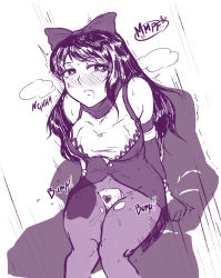 Rule 34 | 1boy, 1girl, black hair, blake belladonna, blush, bow, clothed sex, crotchless, drooling, english text, hair bow, hair ornament, heart, heart-shaped pupils, hetero, knees together feet apart, long hair, moaning, monochrome, motion lines, pantyhose, pubic hair, pussy juice, rwby, saliva, sex, solo focus, sweat, symbol-shaped pupils, thighs, trembling, uncensored