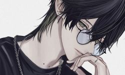 Rule 34 | 1boy, aromaflower0, bad id, bad twitter id, bishounen, black hair, body piercings, commentary request, eyewear on head, green eyes, hair between eyes, hand on own face, highres, jewelry, lips, looking at viewer, male focus, necklace, nose, original, ring, simple background, solo, white background