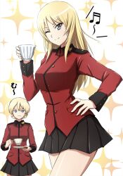 Rule 34 | 2girls, beamed sixteenth notes, black skirt, blonde hair, blue eyes, braid, closed mouth, cup, darjeeling (girls und panzer), earl grey (girls und panzer), frown, girls und panzer, hand on own hip, highres, holding, holding cup, holding saucer, jacket, long sleeves, looking at another, looking at viewer, military uniform, miniskirt, multiple girls, musical note, omachi (slabco), one eye closed, pleated skirt, red jacket, saucer, short hair, skirt, smile, sparkle, st. gloriana&#039;s military uniform, standing, teacup, translated, twin braids, uniform, white background
