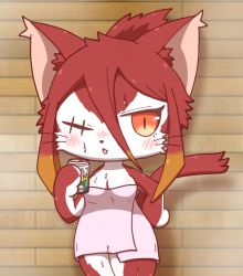 Rule 34 | 1girl, animal ear fluff, animal ears, artist request, body fur, brown eyes, cat, cat busters, cat ears, cat girl, cat tail, cowboy shot, eyepatch, furry, furry female, hand on own hip, hinozuki (cat busters), naked towel, red hair, short hair, solo, tail, towel, whiskers