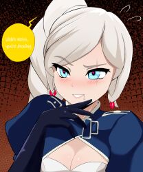 Rule 34 | 1girl, absurdres, blue eyes, blush, braid, braided ponytail, breasts, cleavage, commentary, drooling, earrings, english commentary, english text, flying sweatdrops, gen.fleur, gloves, grin, heart, heart-shaped pupils, highres, jewelry, lovestruck, medium breasts, parted lips, raised eyebrow, rwby, saliva, scar, scar across eye, side ponytail, smile, solo, speech bubble, swept bangs, symbol-shaped pupils, upper body, weiss schnee, white hair