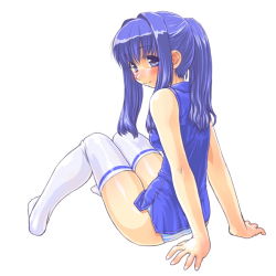 Rule 34 | arm support, bad id, bad pixiv id, blue eyes, blue hair, blush, dd (ijigendd), long hair, original, panties, ponytail, sitting, solo, striped clothes, striped panties, thighhighs, underwear