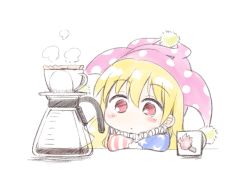 Rule 34 | 1girl, american flag, american flag print, arm rest, blonde hair, clownpiece, coffee filter, coffee maker, cup, flag print, hat, jester cap, long hair, naegi (naegidokoro), neck ruff, polka dot, purple hat, red eyes, simple background, solo, torch, touhou, white background