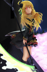 Rule 34 | 1girl, black flower, black footwear, black rose, blonde hair, boots, closed mouth, floating hair, flower, from side, green ribbon, hair between eyes, hair flower, hair ornament, hair ribbon, highres, holding, holding polearm, holding weapon, hoshii miki, idolmaster, idolmaster (classic), knee boots, layered skirt, long hair, long sleeves, looking at viewer, miniskirt, night, outdoors, polearm, red eyes, ribbon, rose, shuucream (syuichi), skirt, solo, standing, the sleeping beauty (idolmaster), very long hair, weapon