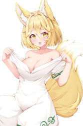 Rule 34 | 1girl, animal ear fluff, animal ears, bare shoulders, blonde hair, blush, breasts, cleavage, collarbone, fox ears, fox tail, green ribbon, hair between eyes, kudamaki tsukasa, large breasts, open mouth, ribbon, romper, rururiaru, short hair, short sleeves, simple background, solo, tail, touhou, white background, white romper, yellow eyes
