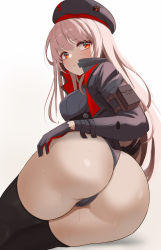 Rule 34 | 1girl, absurdres, artist request, ass, ass focus, beret, black hat, blush, breasts, cameltoe, cleft of venus, coat, from behind, gloves, goddess of victory: nikke, hand on own ass, hat, highres, huge ass, large breasts, long hair, looking at viewer, rapi (nikke), red eyes, shiny skin, sideboob, sitting, solo, sweat, thick thighs, thighhighs, thighs, thong, very long hair, yokozuwari, ziz (pandora707)