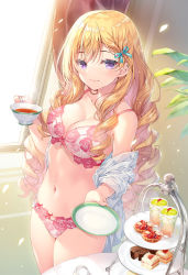 Rule 34 | 1girl, bare shoulders, blonde hair, blue ribbon, bra, breasts, cleavage, closed mouth, collarbone, commentary request, cup, curtains, day, drill hair, food, fruit tart, hair ribbon, highres, holding, holding cup, holding saucer, long hair, long sleeves, looking at viewer, medium breasts, miwabe sakura, navel, off shoulder, open clothes, open shirt, original, panties, pink bra, pink panties, purple eyes, ribbon, saucer, shirt, smile, solo, standing, sunlight, tart (food), tea, teacup, tiered tray, underwear, very long hair, white shirt, window