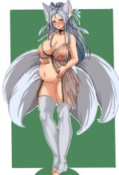 Rule 34 | 1girl, absurdres, animal ear fluff, animal ears, asagiri (coc2), babydoll, blush, bow, breasts, choker, cleft of venus, corruption of champions 2, curvy, fox ears, fox girl, fox tail, full body, grey eyes, grey hair, groin, hair bow, hair ribbon, hand on own stomach, highres, kitsune, lace trim, large breasts, long hair, looking at viewer, multiple tails, nyahpa20, open mouth, ponytail, pregnant, ribbon, see-through, shiny skin, sidelocks, simple background, solo, standing, tail, thick thighs, thighhighs, thighs, very long hair, white thighhighs, wide hips