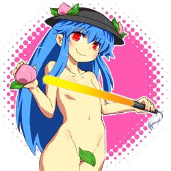 Rule 34 | 1girl, blue hair, censored, censored nipples, collarbone, convenient censoring, female focus, flat chest, food, fruit, gomi ichigo, hat, highres, hinanawi tenshi, holding, leaf, leaf censor, long hair, navel, nude, peach, red eyes, smile, solo, sword of hisou, touhou, weapon