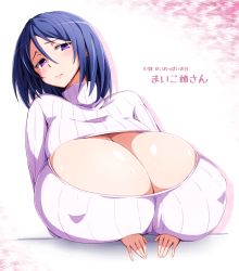 Rule 34 | 1girl, blue hair, breast rest, breasts, cleavage, cleavage cutout, clothing cutout, covered erect nipples, gigantic breasts, highres, lips, purple eyes, runaru, solo, sweater