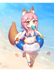 Rule 34 | 1girl, aged down, animal ear fluff, animal ears, bare shoulders, beach, bikini, blue bikini, blush, bracelet, brown footwear, brown hair, commentary request, day, fate/grand order, fate (series), flat chest, food, food in mouth, fox ears, fox girl, fox tail, highres, holding, holding swim ring, innertube, jewelry, langbazi, letterboxed, long hair, looking at viewer, mouth hold, navel, necklace, outdoors, pink hair, popsicle, sand, sandals, side-tie bikini bottom, sidelocks, signature, solo, standing, standing on one leg, starfish, swim ring, swimsuit, tail, tail raised, tamamo (fate), tamamo no mae (fate/extra), tamamo no mae (swimsuit lancer) (fate), water