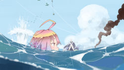 Rule 34 | ahoge, aircraft, blue sky, blush, cloud, fire, from side, highres, i-58 (kancolle), kantai collection, mountain han, navel, outstretched arm, pink eyes, pink hair, rigging, short hair, signature, sky, smoke, splashing, swimming, ta-class battleship, thighs, waves, white hair