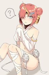 Rule 34 | 1girl, ?, bad id, bad pixiv id, bandaged leg, bandages, bare shoulders, blush, brown background, brown hair, collarbone, commentary request, detached sleeves, double bun, fate/grand order, fate (series), flower, frankenstein&#039;s monster (fate), frankenstein&#039;s monster (swimsuit saber) (fate), frankenstein&#039;s monster (swimsuit saber) (third ascension) (fate), grey eyes, hair bun, hair ornament, hair over one eye, horns, long sleeves, looking at viewer, mizoredama, naked bandage, navel, parted lips, rose, side bun, single detached sleeve, single horn, sitting, sleeves past fingers, sleeves past wrists, solo, spoken question mark, white flower, white rose