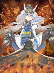Rule 34 | 1girl, armored boots, bare shoulders, black footwear, black hat, black pantyhose, blue eyes, boots, burning, char, character request, closed mouth, commentary request, fingernails, fire, glowing, glowing eyes, grey hair, hair between eyes, hat, horns, japanese clothes, kimono, knee boots, long hair, long sleeves, looking at viewer, official art, pantyhose, sitting, solo, spread legs, veil, very long hair, watermark, white kimono, wide sleeves, wixoss
