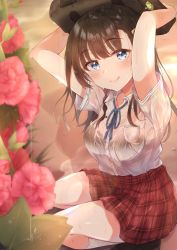 Rule 34 | 1girl, arms up, bag, black footwear, black hair, blue eyes, blurry, blurry foreground, blush, closed mouth, collared shirt, flower, hair ornament, hairclip, highres, holding, holding bag, long hair, looking at viewer, original, pink flower, plaid, plaid skirt, plant, pleated skirt, red skirt, school bag, school uniform, shirt, shoes, short sleeves, sitting, skirt, smile, socks, solo, wet, wet clothes, wet shirt, white shirt, white socks, yusuka yuu