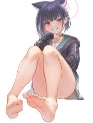 Rule 34 | 1girl, absurdres, animal ears, bare legs, barefoot, black choker, black hair, blue archive, cat ears, choker, clenched teeth, commentary request, extra ears, feet, foot focus, foreshortening, grin, halo, highres, kazusa (blue archive), legs, looking at viewer, marulire, multicolored hair, pink hair, school uniform, serafuku, short hair, simple background, sitting, smile, soles, solo, teeth, toes, two-tone hair, white background