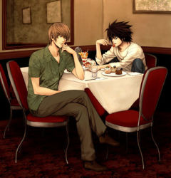 Rule 34 | 00s, chair, death note, dessert, eating, food, l (death note), crossed legs, lowres, sitting, table, yagami light