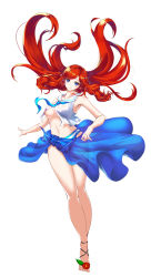 Rule 34 | 1girl, air bubble, artist request, barefoot, barefoot sandals (jewelry), bikini, bikini bottom only, blazblue, blue eyes, breasts, breath, bubble, coral, flower, freediving, highres, holding breath, long hair, navel, nokmal, ocean, open clothes, open shirt, red hair, sarong, shirt, smile, swimming, swimsuit, tsubaki yayoi, underboob, underwater, white background