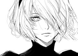 1girl 2b_(nier:automata) black_hairband close-up closed_mouth hair_over_one_eye hairband inoitoh looking_at_viewer medium_hair mole mole_under_eye monochrome nier:automata nier_(series) simple_background solo