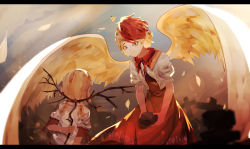 Rule 34 | 2girls, arm behind back, bird, blonde hair, chick, closed mouth, cloud, commentary, cropped shirt, cross, derivative work, dress, earlobes, ebisu eika, english commentary, facing away, feathered wings, feathers, feet out of frame, gradient sky, graveyard, highres, holding, holding rock, holding stick, leaning forward, lens flare, light rays, looking at another, multicolored hair, multiple girls, naufaldreamer, niwatari kutaka, orange dress, puffy short sleeves, puffy sleeves, red hair, red neckwear, red ribbon, ribbon, rock, shirt, short hair, short sleeves, sky, smile, standing, stick, touhou, two-tone hair, upper body, white shirt, wings