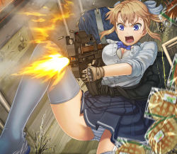 Rule 34 | &gt;:o, 1girl, :o, artistic error, blonde girl (itou), blonde hair, blue eyes, blurry, bra, bread, breasts, bullet, bullet casing, bullpup, casing ejection, cleavage, depth of field, firing, food, gloves, grey thighhighs, gun, highres, holding, horizontal magazine, itou (onsoku tassha), large breasts, long hair, melon bread, muzzle flash, open mouth, original, p90, panties, pantyshot, personal defense weapon, ponytail, revision, see-through, shell casing, shirt, skirt, sleeves rolled up, solo, striped clothes, striped panties, submachine gun, sweat, thighhighs, translucent, underwear, upskirt, v-shaped eyebrows, weapon, white bra, white panties