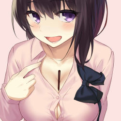 Rule 34 | 1girl, :d, bad id, bad pixiv id, between breasts, black bow, black hair, blush, bow, breasts, button gap, buttons, cccpo, cleavage, clothes pull, collarbone, collared shirt, commentary request, food, hand up, large breasts, long sleeves, looking to the side, open mouth, original, pink background, pink shirt, pocky, pocky day, purple eyes, shirt, shirt pull, simple background, smile, solo, teeth, upper body