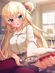 Rule 34 | 1girl, :o, akai haato, aqua eyes, blonde hair, blush, bowl, breasts, collared shirt, commentary request, fingernails, foreshortening, hair ornament, heart, heart hair ornament, highres, holding, holding bowl, holding spoon, hololive, indoors, long hair, long sleeves, looking at viewer, magowasabi, medium breasts, nail polish, one side up, outstretched arm, pants, porridge, red nails, red pants, revision, shirt, signature, sitting, solo, spoon, twitter username, very long hair, virtual youtuber, white shirt, window