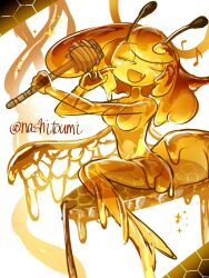 Rule 34 | 1girl, antennae, arthropod girl, artist name, breasts, cleavage, closed eyes, commentary request, completely nude, full body, highres, honey, honey dipper, honeycomb (pattern), medium breasts, monster girl, music, musical note, nashitoumi, nude, open mouth, orange hair, original, signature, singing, sitting, slime girl, solo, sparkle, wings
