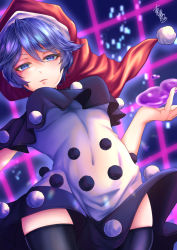 Rule 34 | 1girl, :3, black capelet, black thighhighs, blob, blue eyes, blue hair, breasts, capelet, closed mouth, commentary request, covered navel, dark blue hair, doremy sweet, dream world (touhou), dress, eyelashes, feet out of frame, fingernails, grid, hat, highres, legacy of lunatic kingdom, light smile, lips, looking at viewer, medium breasts, mononobe kanako, nail polish, nightcap, pink nails, pom pom (clothes), red hat, short hair, signature, solo, thighhighs, thighs, touhou, underboob, white dress