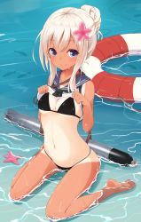 Rule 34 | 10s, 1girl, alternate costume, alternate hairstyle, bad id, bad pixiv id, barefoot, beach, bikini, bikini under clothes, black bikini, blonde hair, blue eyes, blush, breasts, cleavage, clothes lift, crop top, feet, flower, hair flower, hair ornament, kantai collection, lifebuoy, long hair, looking at viewer, navel, one-piece tan, outdoors, partially submerged, ro-500 (kancolle), sailor collar, school uniform, serafuku, shirt lift, sitting, small breasts, smile, solo, swim ring, swimsuit, swimsuit under clothes, takehana note, tan, tanline, torpedo, wariza, water, wet
