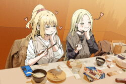 Rule 34 | 2girls, bag, black choker, black sweater, blonde hair, bowl, breasts, brown vest, cellphone, chewing, choker, chopsticks, closed eyes, earrings, eating, food, hair behind ear, heart, high ponytail, highres, holding, holding chopsticks, jacket, jewelry, joshi kousei rich thots, large breasts, long hair, multiple girls, original, parted bangs, phone, placemat, plate, red scrunchie, rena (sky-freedom), scrunchie, shopping bag, sitting, sky-freedom, sleeves rolled up, smartphone, spoon, sweater, table, vest, white sweater, yui (sky-freedom)