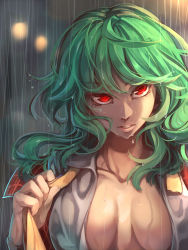 Rule 34 | 1girl, ascot, asutora, breasts, cleavage, collarbone, green hair, head tilt, highres, kazami yuuka, large breasts, looking at viewer, open clothes, open shirt, plaid, plaid vest, rain, red eyes, shirt, solo, touhou, upper body, vest, water drop, wavy hair, wet, wet clothes, white shirt