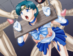 Rule 34 | 1990s (style), 1girl, 3boys, apple pie (artist), bdsm, bent over, bishoujo senshi sailor moon, blue eyes, blue hair, blush, bondage, bound, bound wrists, breast cutout, breasts, censored, choker, ear piercing, female focus, gang rape, gloves, head out of frame, hetero, indoors, mizuno ami, mosaic censoring, multiple boys, multiple penises, nipples, no bra, open mouth, penis, piercing, pillory, rape, retro artstyle, sailor mercury, sex, sex from behind, short hair, standing, stocks, tears, teeth, torn clothes, upper teeth only, vaginal